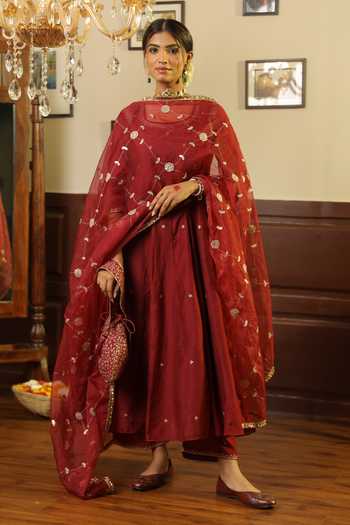 ASRUMO_Maroon Chanderi Gota Patti, Zari Round Neck Embroidered Anarkali Set _Online_at_Aza_Fashions