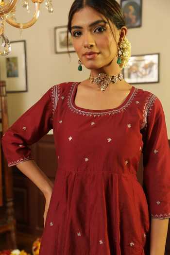 Shop_ASRUMO_Maroon Chanderi Gota Patti, Zari Round Neck Embroidered Anarkali Set _Online_at_Aza_Fashions