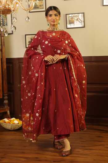 ASRUMO_Maroon Chanderi Gota Patti, Zari Round Neck Embroidered Anarkali Set _at_Aza_Fashions