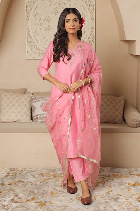 Shop_ASRUMO_Pink Chanderi Gota Patti, Embroidery V-neck Kurta Pant Set _Online_at_Aza_Fashions