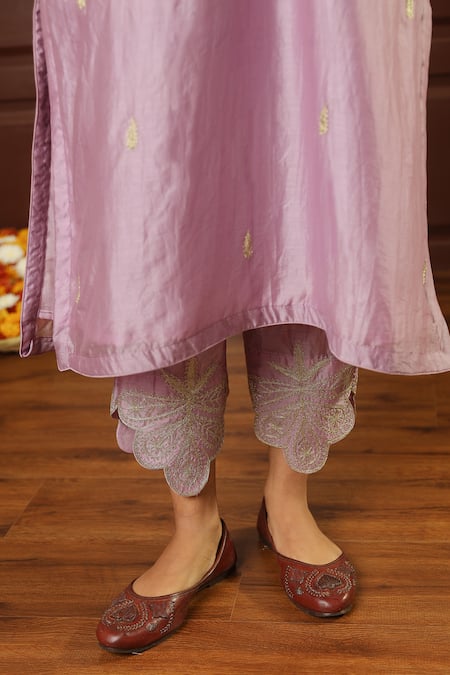 ASRUMO_Purple Chanderi Embroidery Split V-neck Placement Zari Kurta Set _at_Aza_Fashions