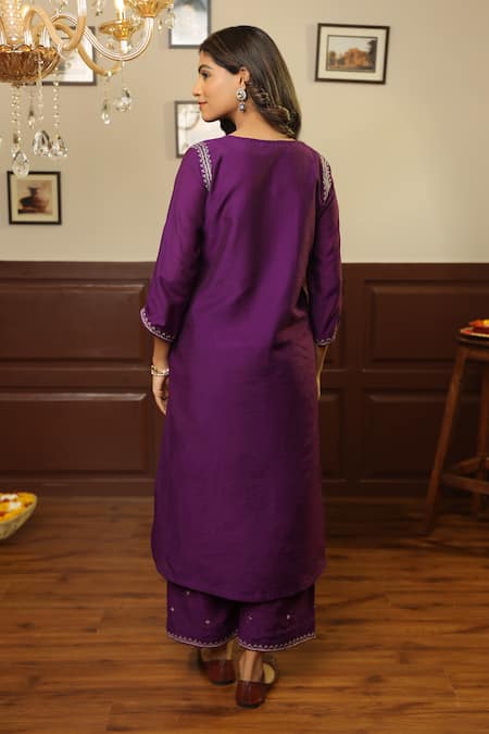 Shop ASRUMO Purple Chanderi Zari, Embroidery Split V-neck Kurta Set at Aza Fashions Shop_ASRUMO_Purple Chanderi Zari, Embroidery Split V-neck Kurta Set _at_Aza_Fashions