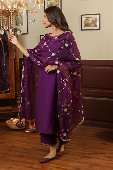 ASRUMO Purple Chanderi Zari, Embroidery Split V-neck Kurta Set Online at Aza Fashions ASRUMO_Purple Chanderi Zari, Embroidery Split V-neck Kurta Set _Online_at_Aza_Fashions