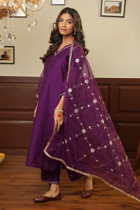 Shop ASRUMO Purple Chanderi Zari, Embroidery Split V-neck Kurta Set Online at Aza Fashions Shop_ASRUMO_Purple Chanderi Zari, Embroidery Split V-neck Kurta Set _Online_at_Aza_Fashions