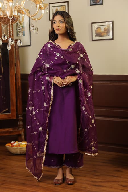 ASRUMO Purple Chanderi Zari, Embroidery Split V-neck Kurta Set at Aza Fashions ASRUMO_Purple Chanderi Zari, Embroidery Split V-neck Kurta Set _at_Aza_Fashions