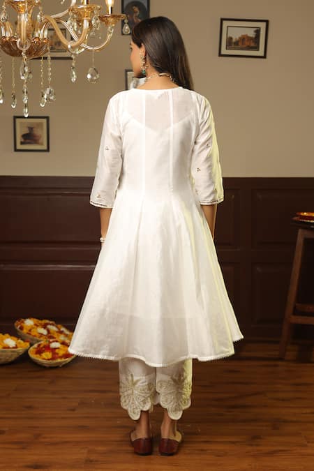 Shop ASRUMO White Chanderi, Cotton Mirrors, Gota Patti, Embroidery Tara Anarkali Set at Aza Fashions Shop_ASRUMO_White Chanderi, Cotton Mirrors, Gota Patti, Embroidery Tara Anarkali Set _at_Aza_Fashions