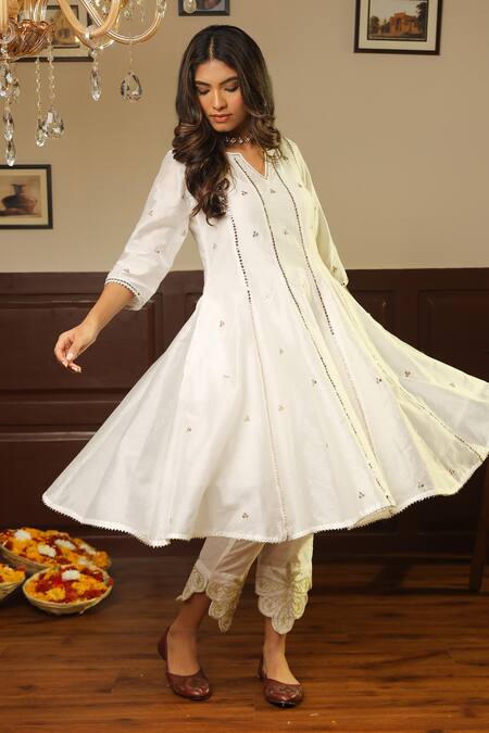 Buy ASRUMO White Chanderi, Cotton Mirrors, Gota Patti, Embroidery Tara Anarkali Set Online at Aza Fashions Buy_ASRUMO_White Chanderi, Cotton Mirrors, Gota Patti, Embroidery Tara Anarkali Set _Online_at_Aza_Fashions