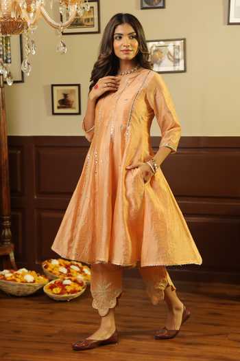 ASRUMO_Peach Chanderi, Cotton Gota Patti, Mirrors Tara Embroidered Anarkali Pant Set _Online_at_Aza_Fashions