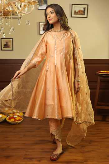 Buy_ASRUMO_Peach Chanderi, Cotton Gota Patti, Mirrors Tara Embroidered Anarkali Pant Set _Online_at_Aza_Fashions