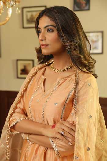 Shop_ASRUMO_Peach Chanderi, Cotton Gota Patti, Mirrors Tara Embroidered Anarkali Pant Set _Online_at_Aza_Fashions