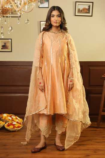 ASRUMO_Peach Chanderi, Cotton Gota Patti, Mirrors Tara Embroidered Anarkali Pant Set _at_Aza_Fashions