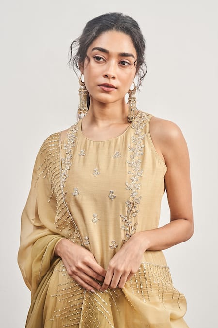 Disha Muchhala Beige Chanderi, Satin Organza, Lining Buttercrepe And Embroidered Kurta Pant Set Online at Aza Fashions Disha Muchhala_Beige Chanderi, Satin Organza, Lining Buttercrepe And Embroidered Kurta Pant Set _Online_at_Aza_Fashions