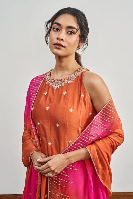 Disha Muchhala Orange Chanderi, Satin Organza, Lining And Embroidered Kurta Pant Set Online at Aza Fashions Disha Muchhala_Orange Chanderi, Satin Organza, Lining And Embroidered Kurta Pant Set _Online_at_Aza_Fashions