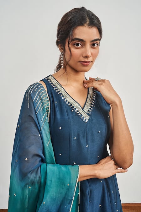 Disha Muchhala Blue Chanderi, Satin Organza, Lining Buttercrepe And Embroidered Kurta Pant Set Online at Aza Fashions Disha Muchhala_Blue Chanderi, Satin Organza, Lining Buttercrepe And Embroidered Kurta Pant Set _Online_at_Aza_Fashions