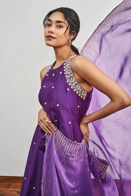Disha Muchhala_Purple Chanderi, Satin Organza, Lining And Embroidered Kurta Pant Set _Online_at_Aza_Fashions
