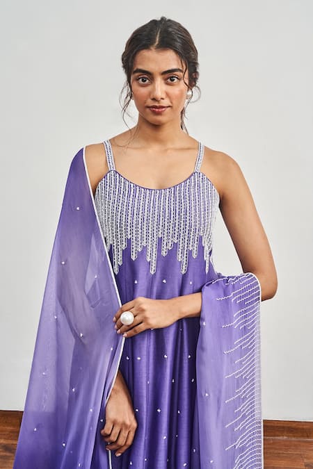 Disha Muchhala_Blue Chanderi, Satin Organza, Lining Buttercrepe Embroidered Kurta Pant Set _Online_at_Aza_Fashions