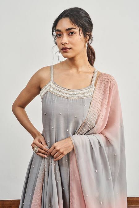 Disha Muchhala Grey Chanderi, Satin Organza, Lining Buttercrepe And Embroidered Kurta Pant Set Online at Aza Fashions Disha Muchhala_Grey Chanderi, Satin Organza, Lining Buttercrepe And Embroidered Kurta Pant Set _Online_at_Aza_Fashions
