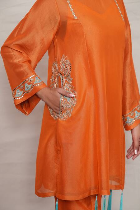Shop_Jyoti Bansal_Orange Tissue Mirrors, Zari Round Neck Placement Embroidered Kurta And Salwar Set _Online_at_Aza_Fashions