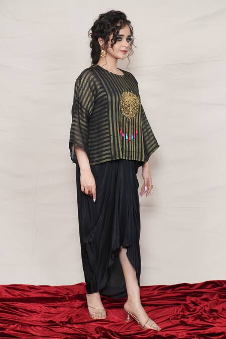 Buy_Jyoti Bansal_Black Silk, Cotton Mirrors, Embroidery Round Neck Stripe Woven Top And Skirt Set _Online_at_Aza_Fashions
