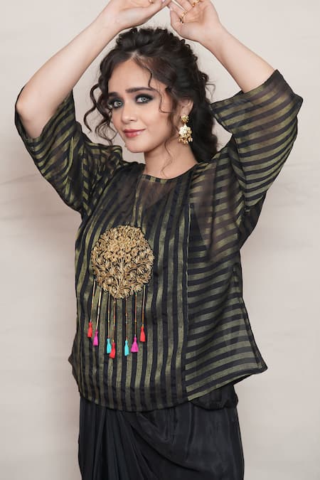 Shop_Jyoti Bansal_Black Silk, Cotton Mirrors, Embroidery Round Neck Stripe Woven Top And Skirt Set _Online_at_Aza_Fashions
