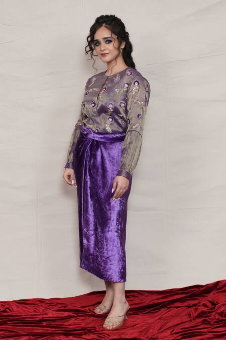 Buy_Jyoti Bansal_Purple Silk, Velvet Mirrors, Embroidery Round Floral Patchwork Top And Skirt Set _Online_at_Aza_Fashions