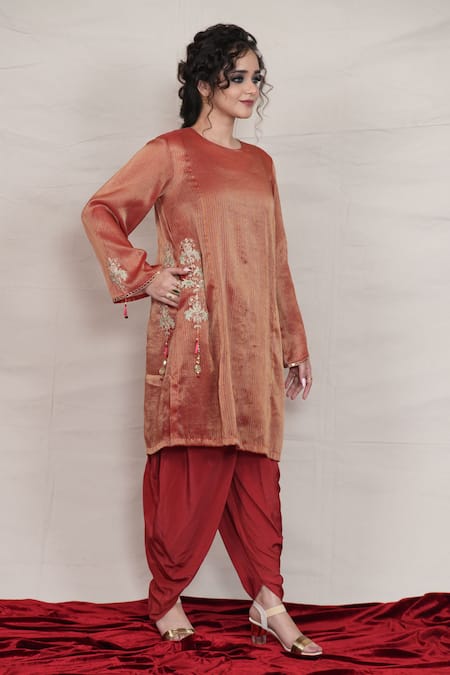 Buy_Jyoti Bansal_Orange Tissue Mirrors, Zari Floral Placement Embroidered Kurta And Dhoti Pant Set _Online_at_Aza_Fashions