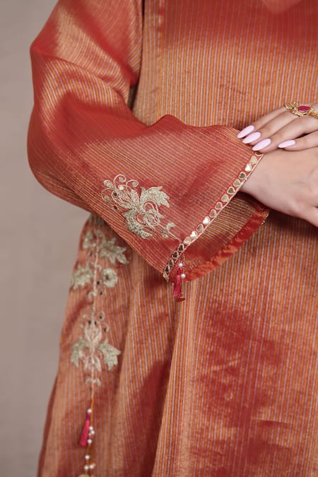 Shop_Jyoti Bansal_Orange Tissue Mirrors, Zari Floral Placement Embroidered Kurta And Dhoti Pant Set _Online_at_Aza_Fashions