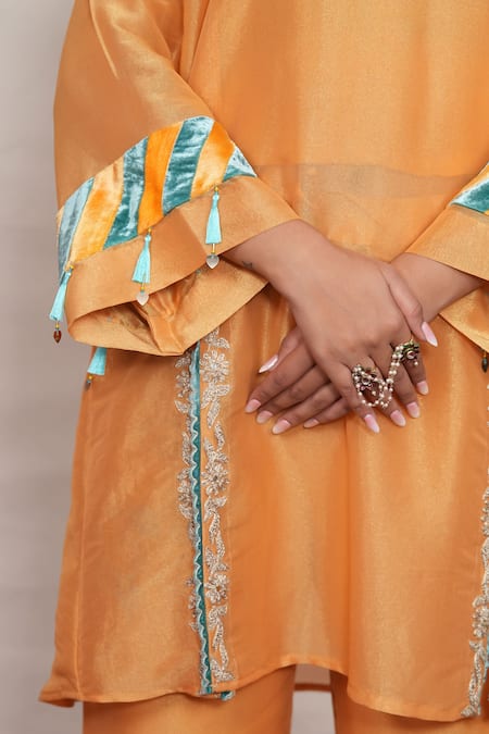 Shop_Jyoti Bansal_Yellow Tissue, Silk Mirrors, Zari Thread Placement Embroidered Kurta And Pant Set _Online_at_Aza_Fashions