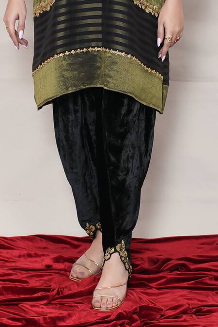 Jyoti Bansal Black Tissue, Velvet Mirrors, Zari Round Stripe Woven Tunic And Tulip Pant Set Online at Aza Fashions Jyoti Bansal_Black Tissue, Velvet Mirrors, Zari Round Stripe Woven Tunic And Tulip Pant Set _Online_at_Aza_Fashions