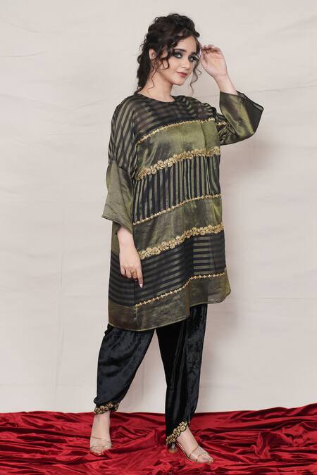 Buy_Jyoti Bansal_Black Tissue, Velvet Mirrors, Zari Round Stripe Woven Tunic And Tulip Pant Set _Online_at_Aza_Fashions