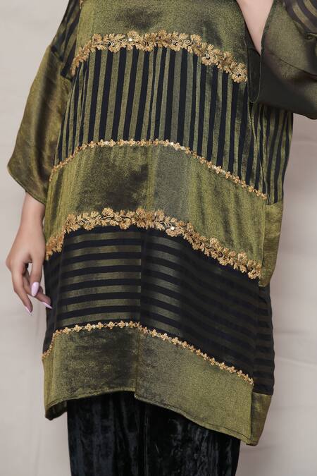 Shop_Jyoti Bansal_Black Tissue, Velvet Mirrors, Zari Round Stripe Woven Tunic And Tulip Pant Set _Online_at_Aza_Fashions