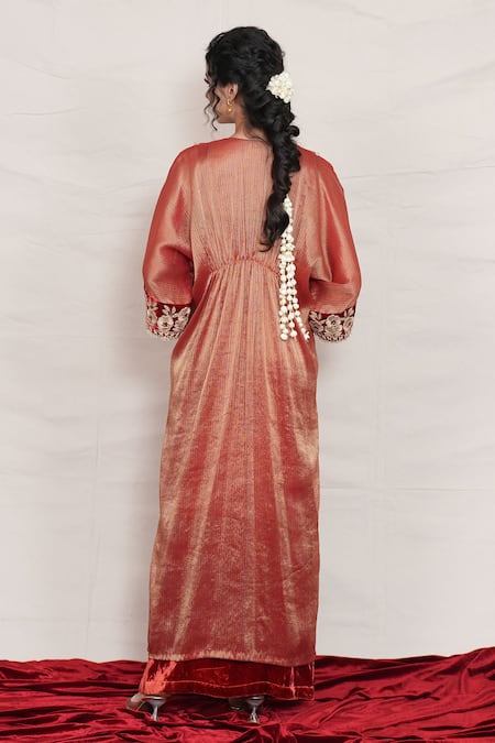 Shop_Jyoti Bansal_Orange Velvet, Tissue, Cotton Mirrors, Zari Floral Patchwork Embroidered Kaftan _at_Aza_Fashions