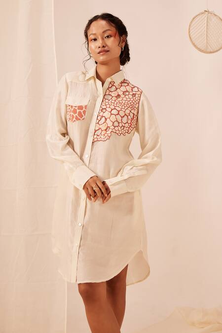 Buy EK Katha Off White Mulberry Silk Printed Batik Collar Cutwork Shirt Online at Aza Fashions Buy_EK Katha_Off White Mulberry Silk Printed Batik Collar Cutwork Shirt _Online_at_Aza_Fashions