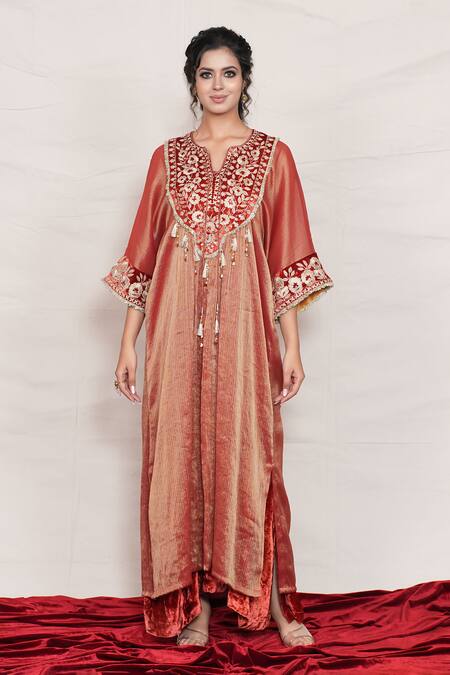 Jyoti Bansal_Orange Velvet, Tissue, Cotton Mirrors, Zari Floral Patchwork Embroidered Kaftan _Online_at_Aza_Fashions