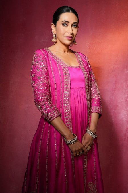 Buy Punit Balana Pink Satin, Silk Sequins, Embroidery, Marodi Neckline Anarkali With Jacket Buy_Punit Balana_Pink Satin, Silk Sequins, Embroidery, Marodi Neckline Anarkali With Jacket