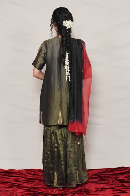 Shop_Jyoti Bansal_Black Tissue Tassels, Zari Keyhole Neck Ombre Kurta Sharara Set _at_Aza_Fashions