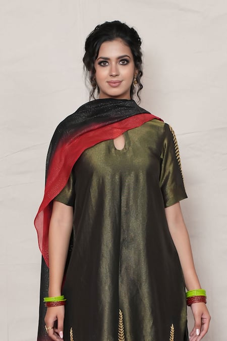 Buy_Jyoti Bansal_Black Tissue Tassels, Zari Keyhole Neck Ombre Kurta Sharara Set _Online_at_Aza_Fashions