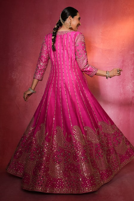 Shop Punit Balana Pink Satin, Silk Sequins, Embroidery, Marodi Neckline Anarkali With Jacket Shop_Punit Balana_Pink Satin, Silk Sequins, Embroidery, Marodi Neckline Anarkali With Jacket