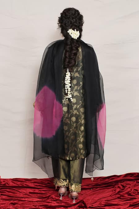 Shop_Jyoti Bansal_Black Organza Tassels, Embroidery Round Neck Floral Woven Kurta Salwar Set _at_Aza_Fashions