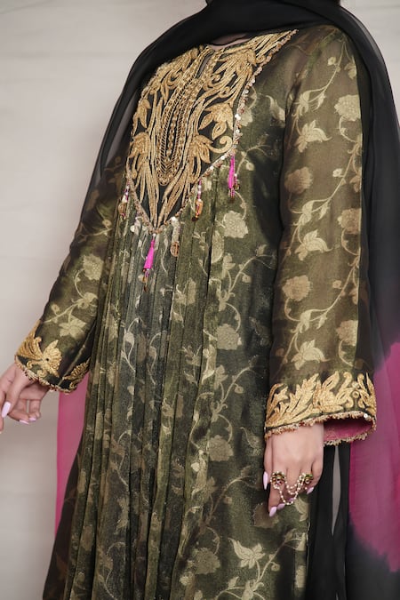 Buy_Jyoti Bansal_Black Organza Tassels, Embroidery Round Neck Floral Woven Kurta Salwar Set _Online_at_Aza_Fashions