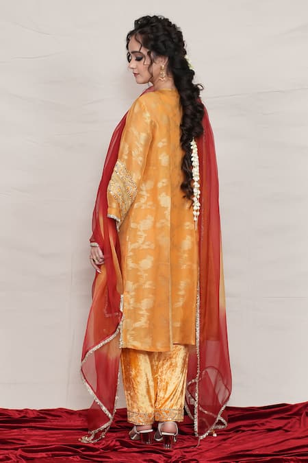 Shop_Jyoti Bansal_Yellow Tissue, Velvet, Organza Embroidery, Zari, Mirrors Work Kurta Salwar Set _at_Aza_Fashions