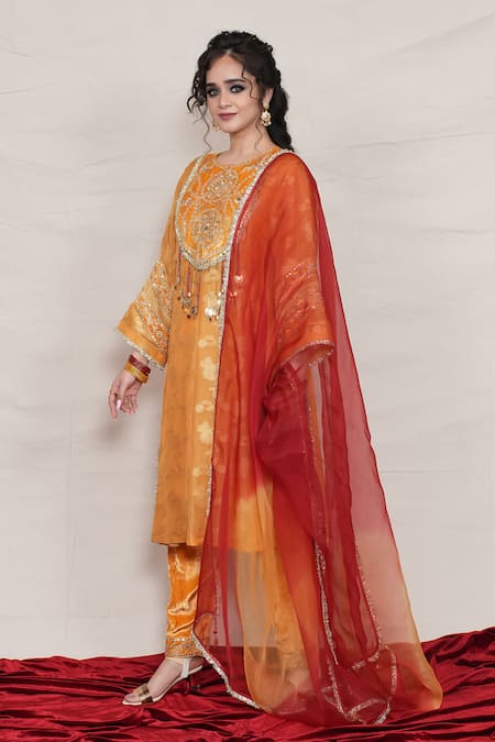 Jyoti Bansal_Yellow Tissue, Velvet, Organza Embroidery, Zari, Mirrors Work Kurta Salwar Set _Online_at_Aza_Fashions