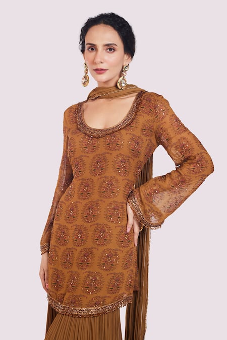 Onaya_Yellow Georgette Crystals, Cut Work Round Neck Sequin Kurta Sharara Set _Online_at_Aza_Fashions