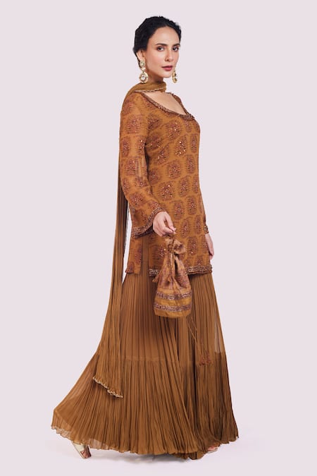 Buy_Onaya_Yellow Georgette Crystals, Cut Work Round Neck Sequin Kurta Sharara Set _Online_at_Aza_Fashions