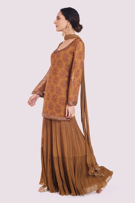 Shop_Onaya_Yellow Georgette Crystals, Cut Work Round Neck Sequin Kurta Sharara Set _Online_at_Aza_Fashions