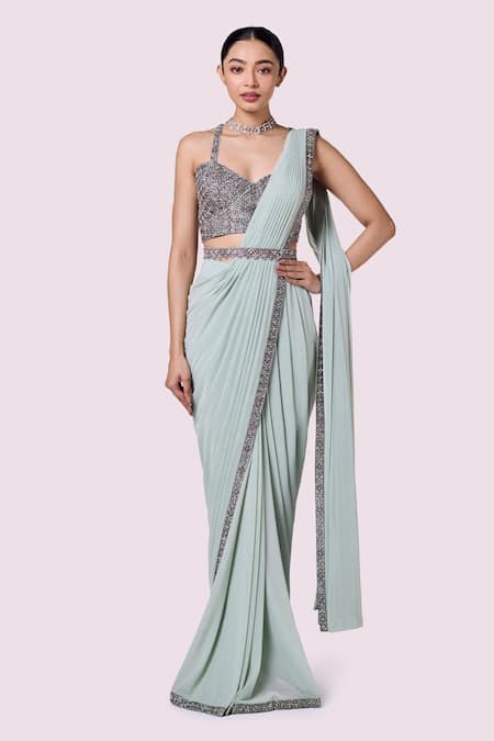 Onaya Blue Lycra Net Embroidery Cutdana Border Pre-draped Saree With Blouse 