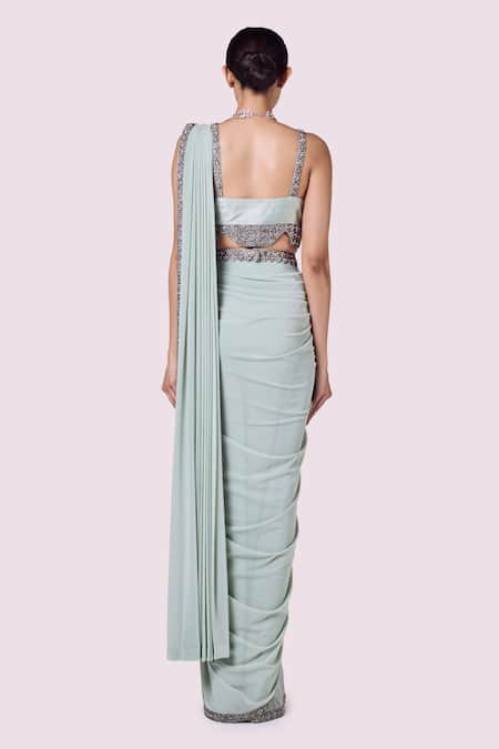 Shop_Onaya_Blue Lycra, Net Cut Work, Beads, Stones, Border Pre-draped Saree With Blouse _at_Aza_Fashions