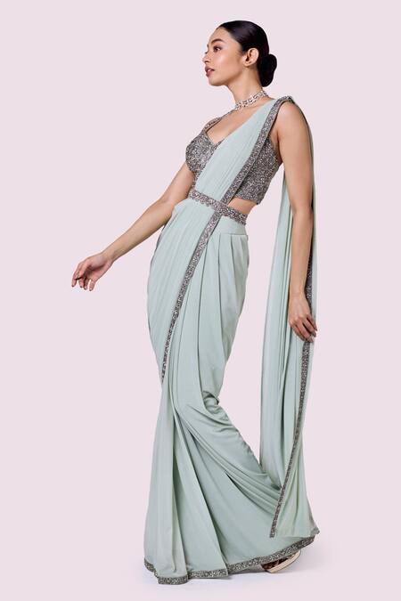 Buy_Onaya_Blue Lycra, Net Cut Work, Beads, Stones, Border Pre-draped Saree With Blouse _Online_at_Aza_Fashions