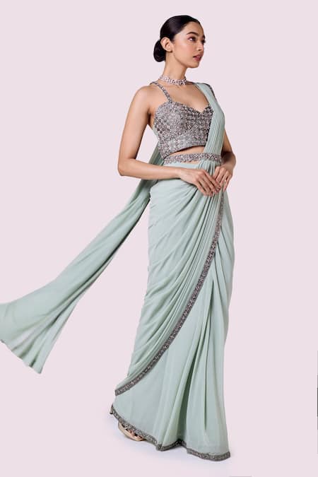 Shop_Onaya_Blue Lycra, Net Cut Work, Beads, Stones, Border Pre-draped Saree With Blouse _Online_at_Aza_Fashions