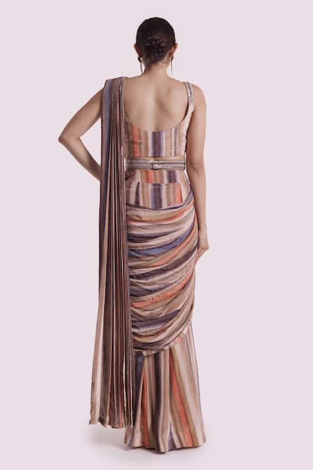 Shop Onaya Grey Crepe Embroidery Cheed Stripe Pattern Pre-stitched Saree With Blouse at Aza Fashions Shop_Onaya_Grey Crepe Embroidery Cheed Stripe Pattern Pre-stitched Saree With Blouse_at_Aza_Fashions